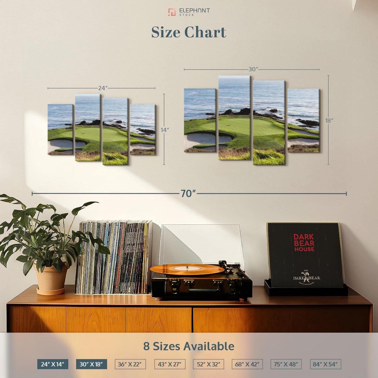 Elephant Stock Pebble Beach Golf Turf Wall Art - Horizontal Canvas - 4-Piece Hallway Wall Decor - Photographic Canvas Print - Brown and Blue Decor for Wall - 24" X 14"