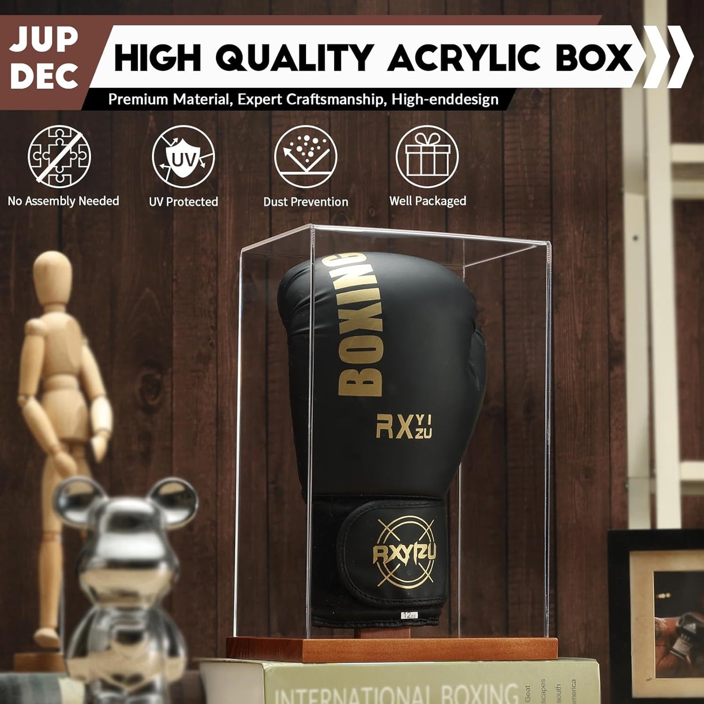 JupDec Boxing Glove Display Case, Clear Acrylic Showcase with Wood Base & Plank for Single Glove, Full Size UV Protection Souvenirs and Collectibles Box, Ideal Gift for Boxing Fans