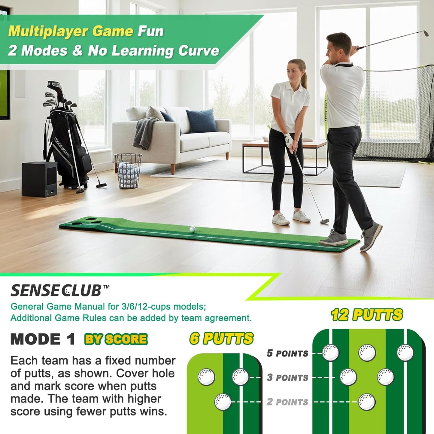 SENSECLUB Indoor Putting Green, Foldable Putting Mat Golf Game Set, Golf Gifts for Men with Ball-Collect System