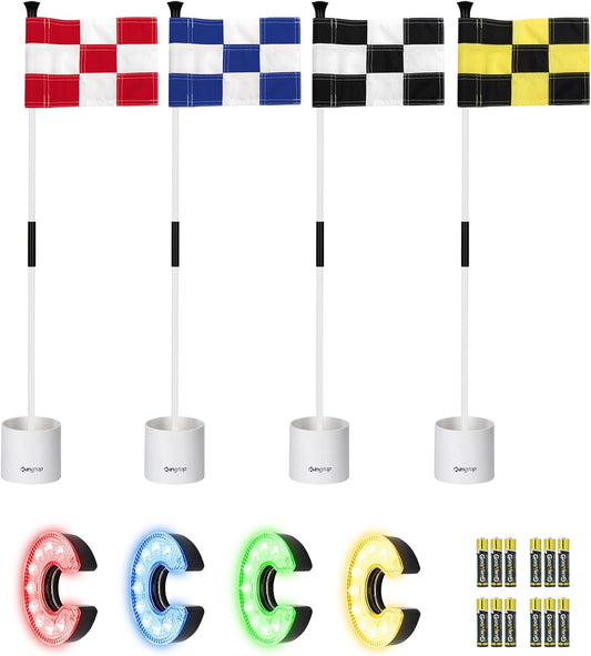 KINGTOP Mini Golf Flagstick with RGB Hole Light, Practice Putting Green Flags for Yard, Golf Pin Flag Hole Cup Set, Light Up Night Golf Party, 4-Pack
