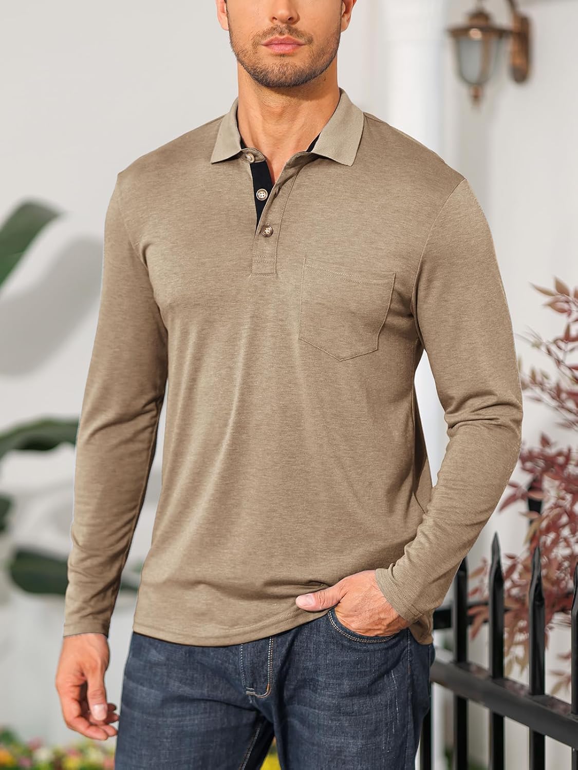 Mens Long Sleeve Polo Shirts Casual Moisture Wicking Golf Polo Shirts with Pocket