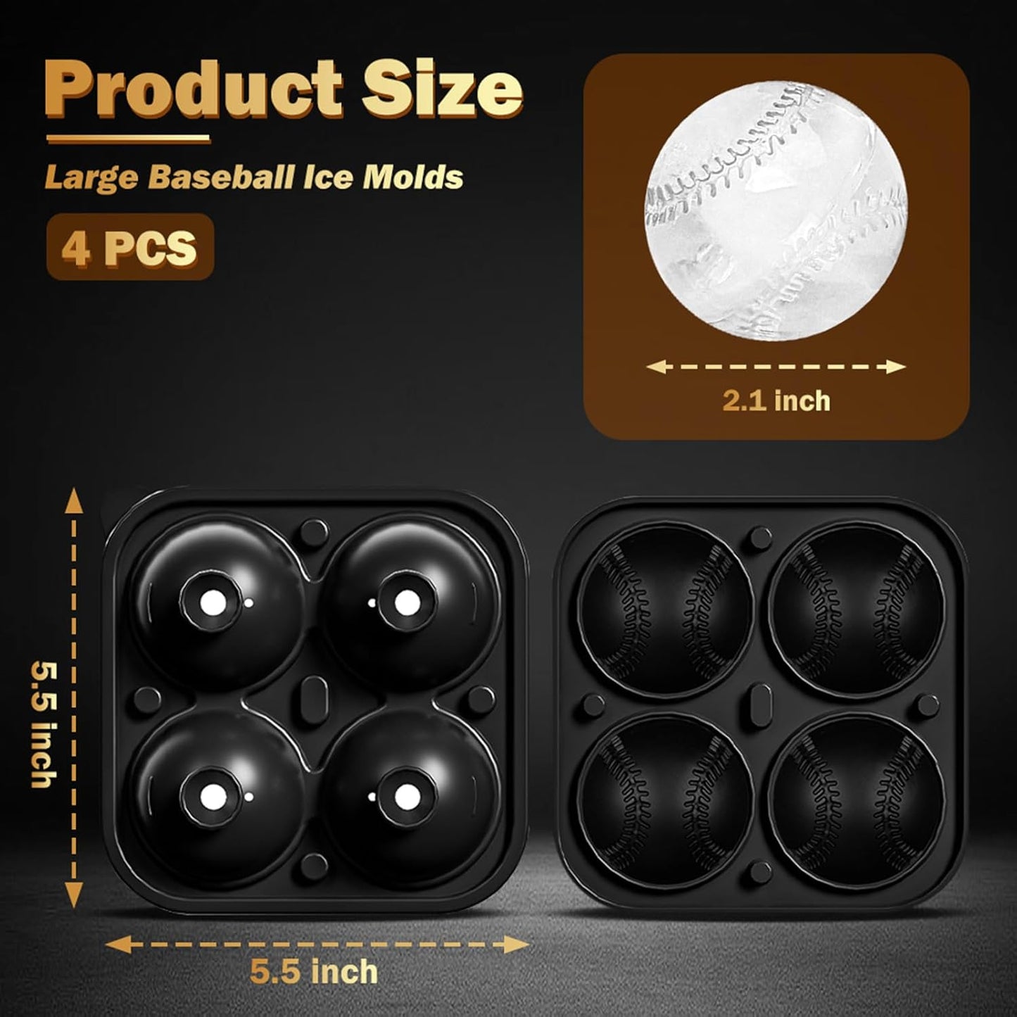 4 Pack Baseball Ice Cube Mold 2.2 Inch Large Silicone Round Ice Cube Molds Fun Shapes Craft Sphere Ice Molds Novelty Gifts Stuff for Men and Women Cocktails, Bourbon,Brandy, Whiskey(4, Baseball)
