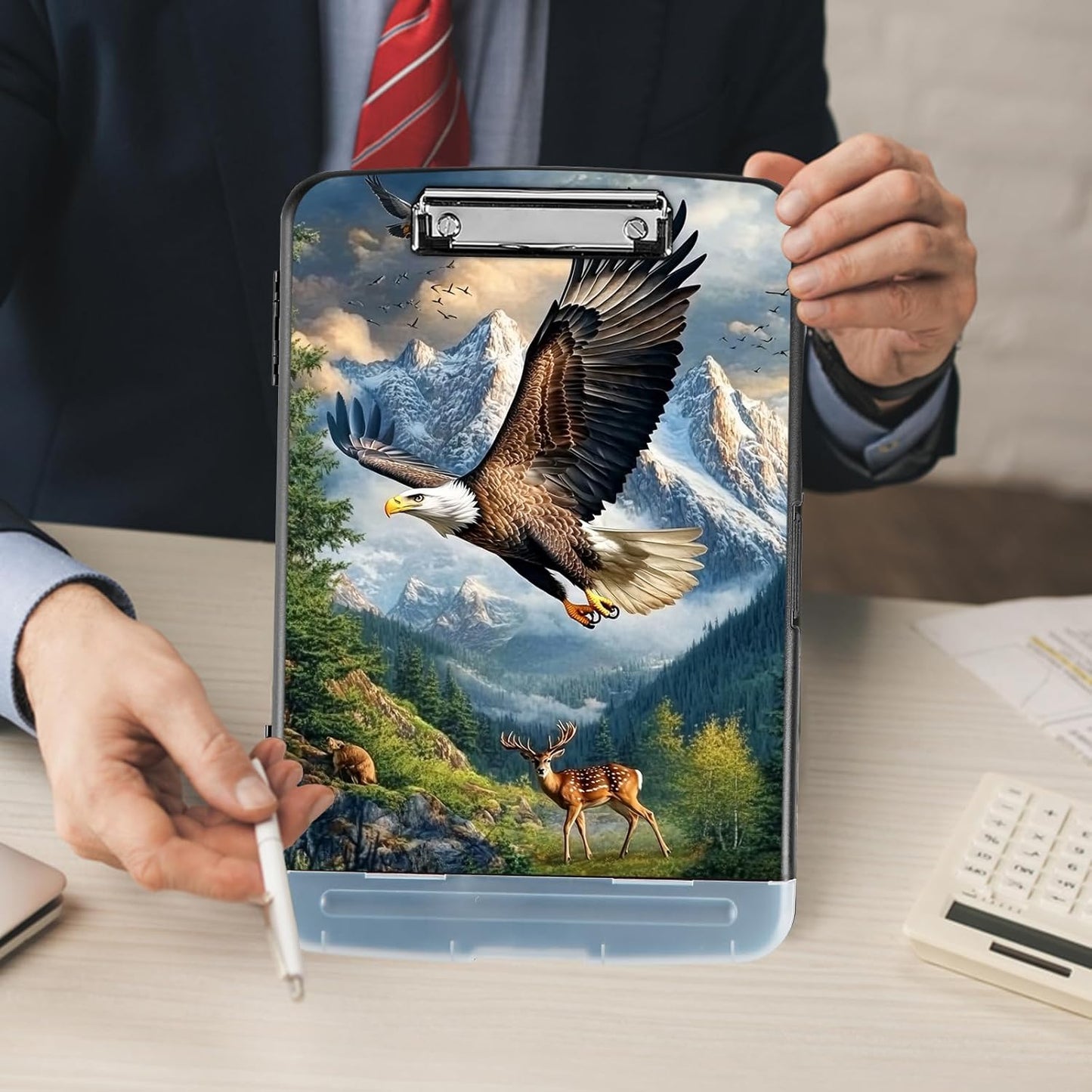Clipboard with Storage - Large Capacity,Nursing Clipboard with Pen Holder,Heavy Duty,Plastic Side-Opening Folder for Teacher,Nurse - Bald Eagle Soaring Above Deer