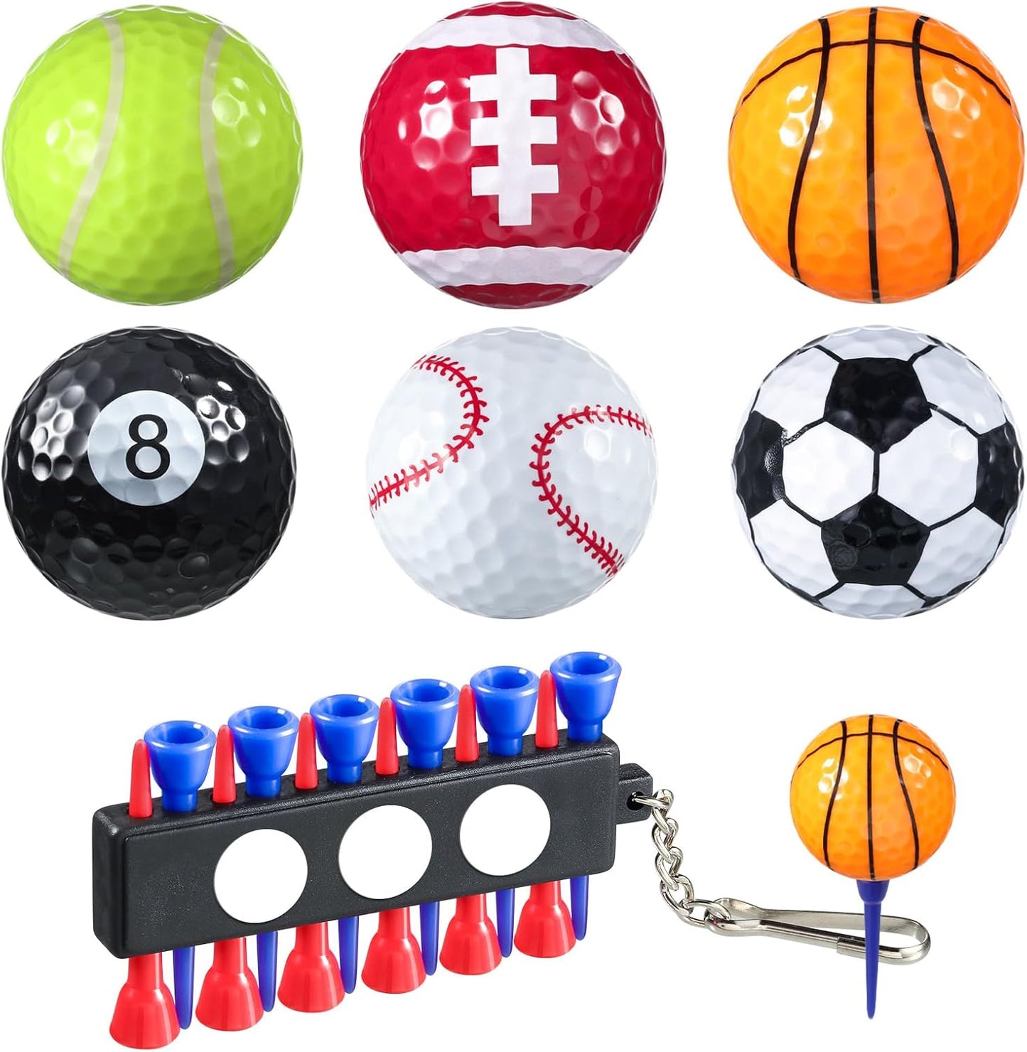 Shappy 6 Pack Novelty Golf Balls Assorted Funny Colored Kits and 1 Pcs Golf Tee Holder Keychain with Balls Marker for Putting Driving Hitting Swing Training Men Adult