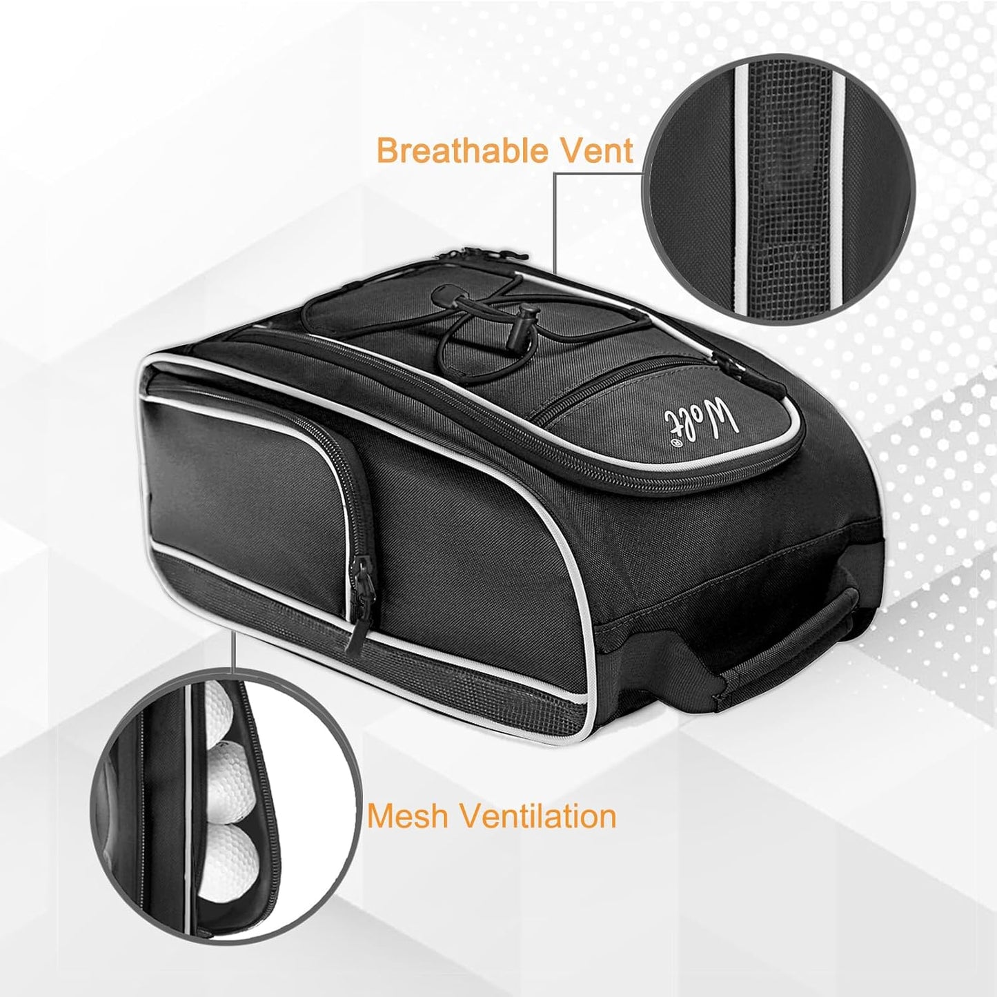 Wolt |Golf Shoe Bag for Travel- Zippered Shoes Carrier Bags with Ventilation & Double Outside Accessory Pocket for Socks, Tees, Golf Balls, etc. for women and men (Black)