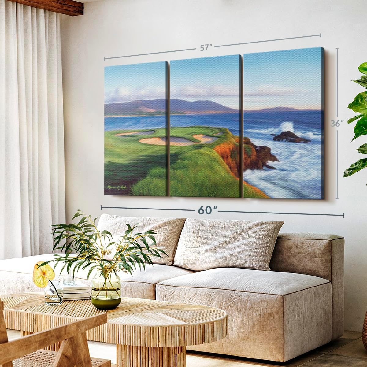 ElephantStock Pebble Beach 7th Hole Wall Art - Horizontal Canvas - 3-Piece Living Room Wall Decor - Painting Sports Canvas Print - Green and Blue Decor for Wall by Marci Rule - 57" X 36"