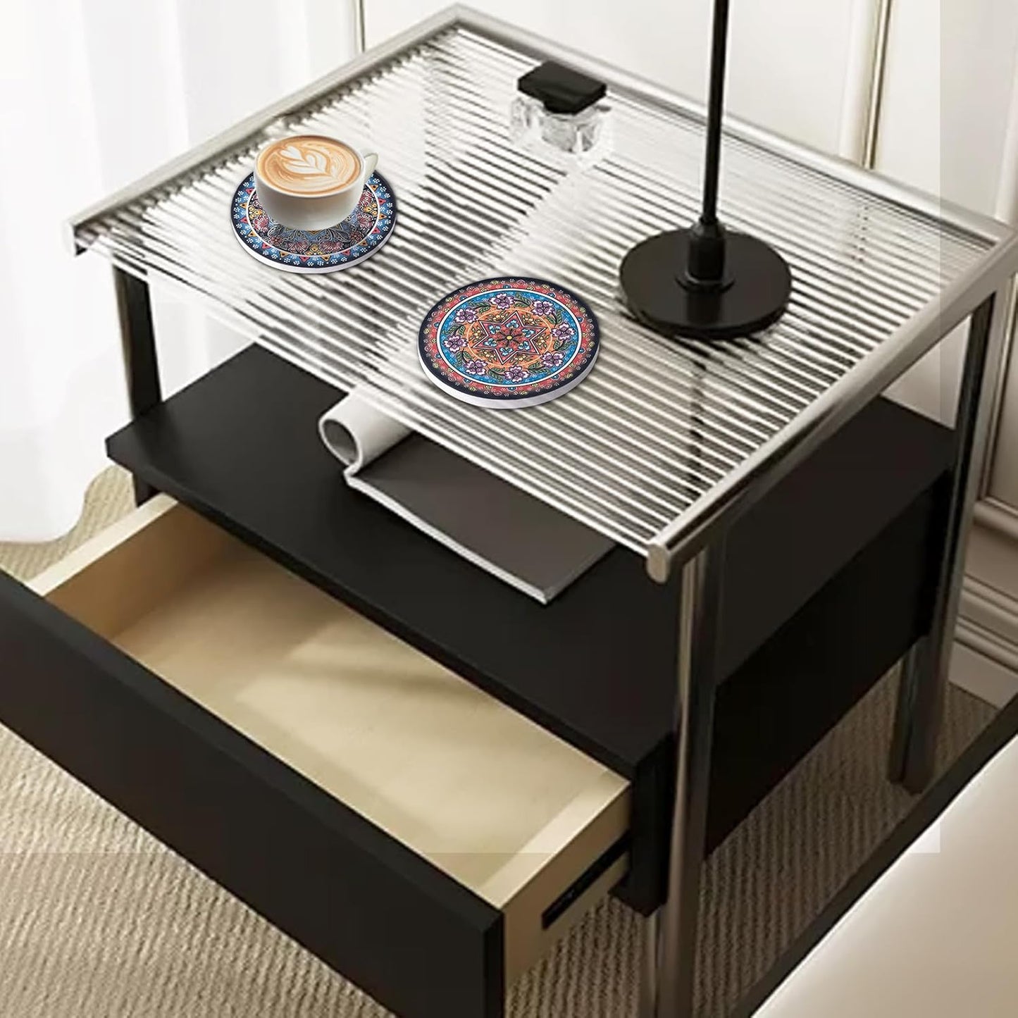 Coasters Absorbent Ceramic Coaster Drink Coasters with Cork Back Turkish Pattern Set of 6 Round Coaster Non Slip for Coffee Table Wine Glass Home Bar 4 Inch, Colorful