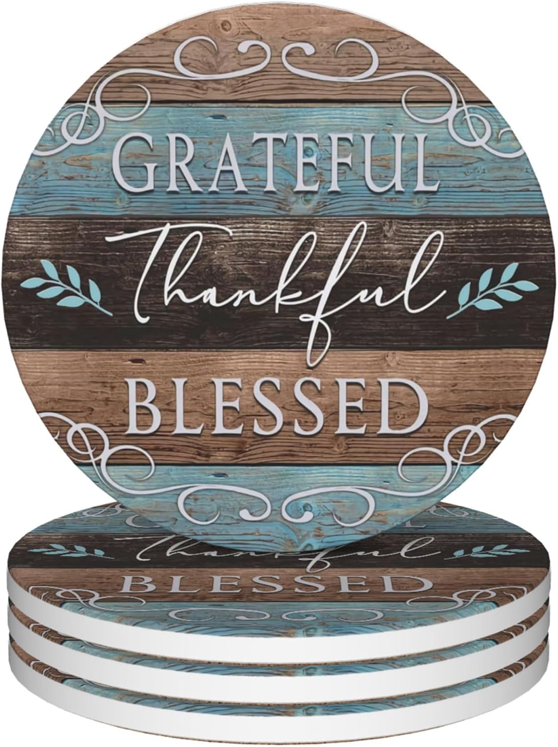 Coasters for Drinks,Set of 4 Absorbent Coasters,Thankful Grateful Blessed Ceramic Coasters with Cork Base,Cup Coaster for Coffee Table Protection,Gifts for Housewarming Birthday