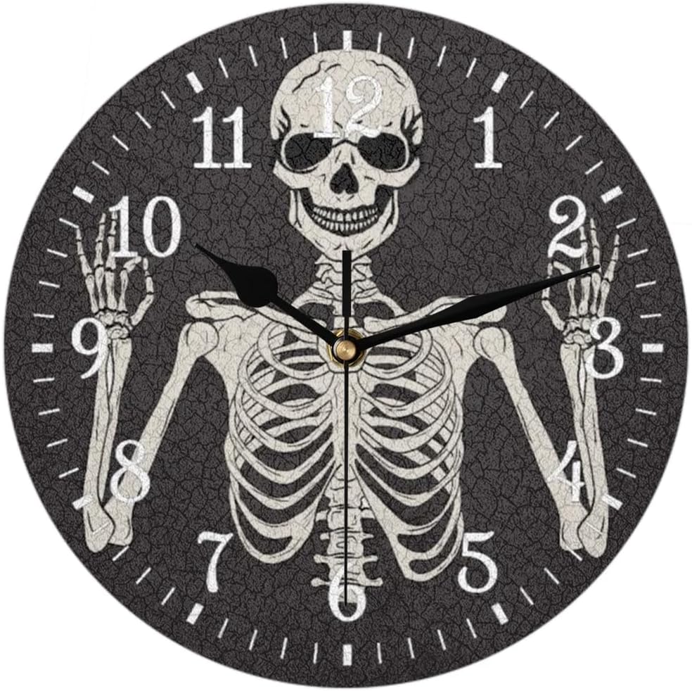 Wall Clock Without Ticking Sound - 25cm Silent Round Clocks Battery Operated Modern Decorative Style Easy to Read for Living Room/Kitchen/Bedrooms/Office/Home Decor/Hallway （Skull）