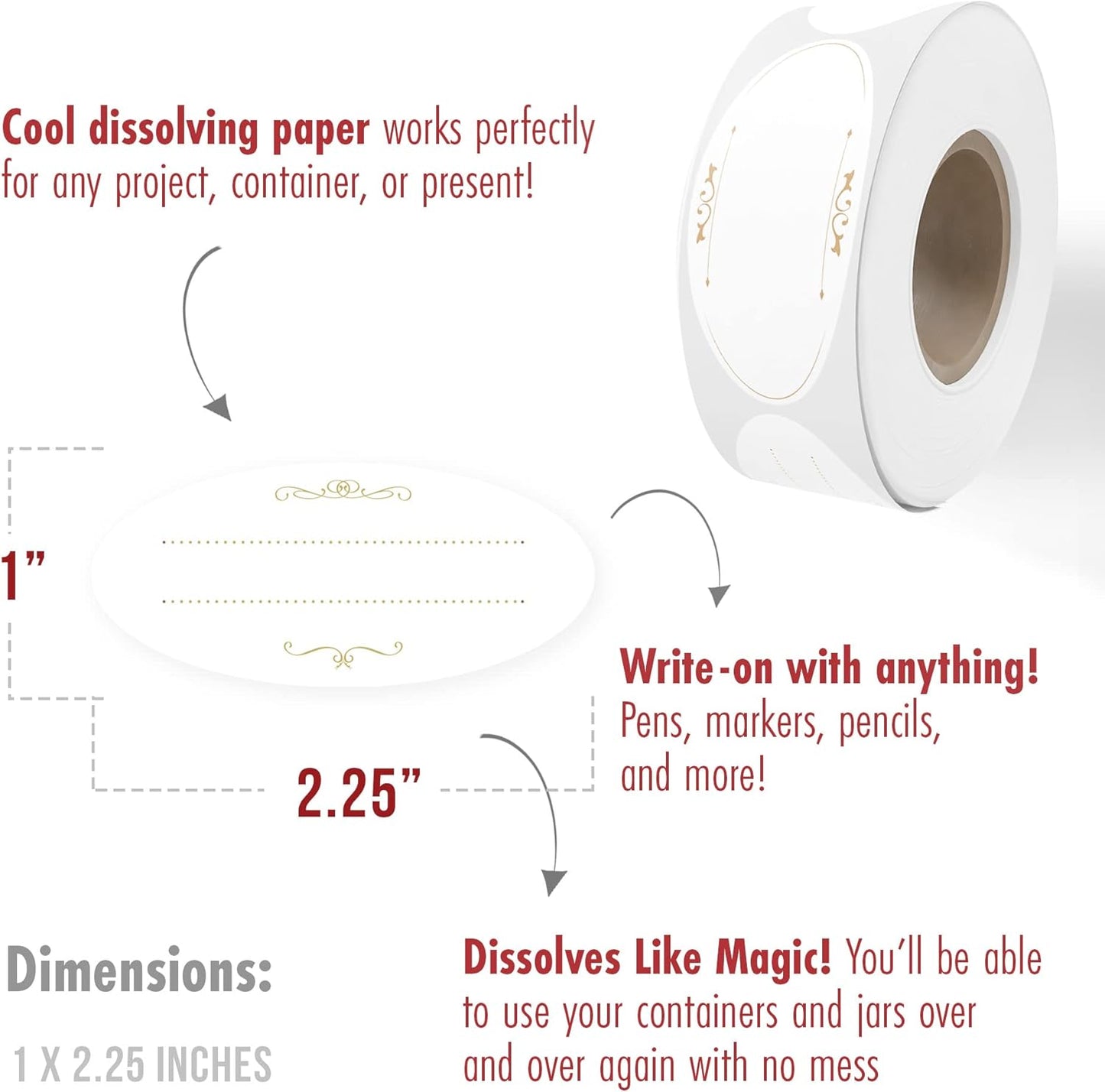 MESS Dissolvable Canning Labels for Jars - 1x2.25 in., 150/Roll - Removable Stickers (Classic) for Jam and Preserves