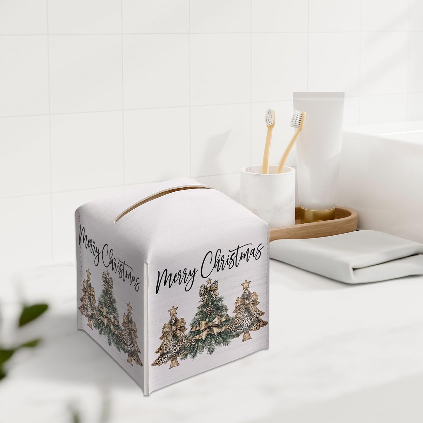 Merry Christmas Tissue Box Holder, Leopard Print Christmas Tree Leather Tissue Box Cover Square, Paper Facial Decorative Tissues Cover for Night Stands Bathroom Kitchen Office Home Decor-B31