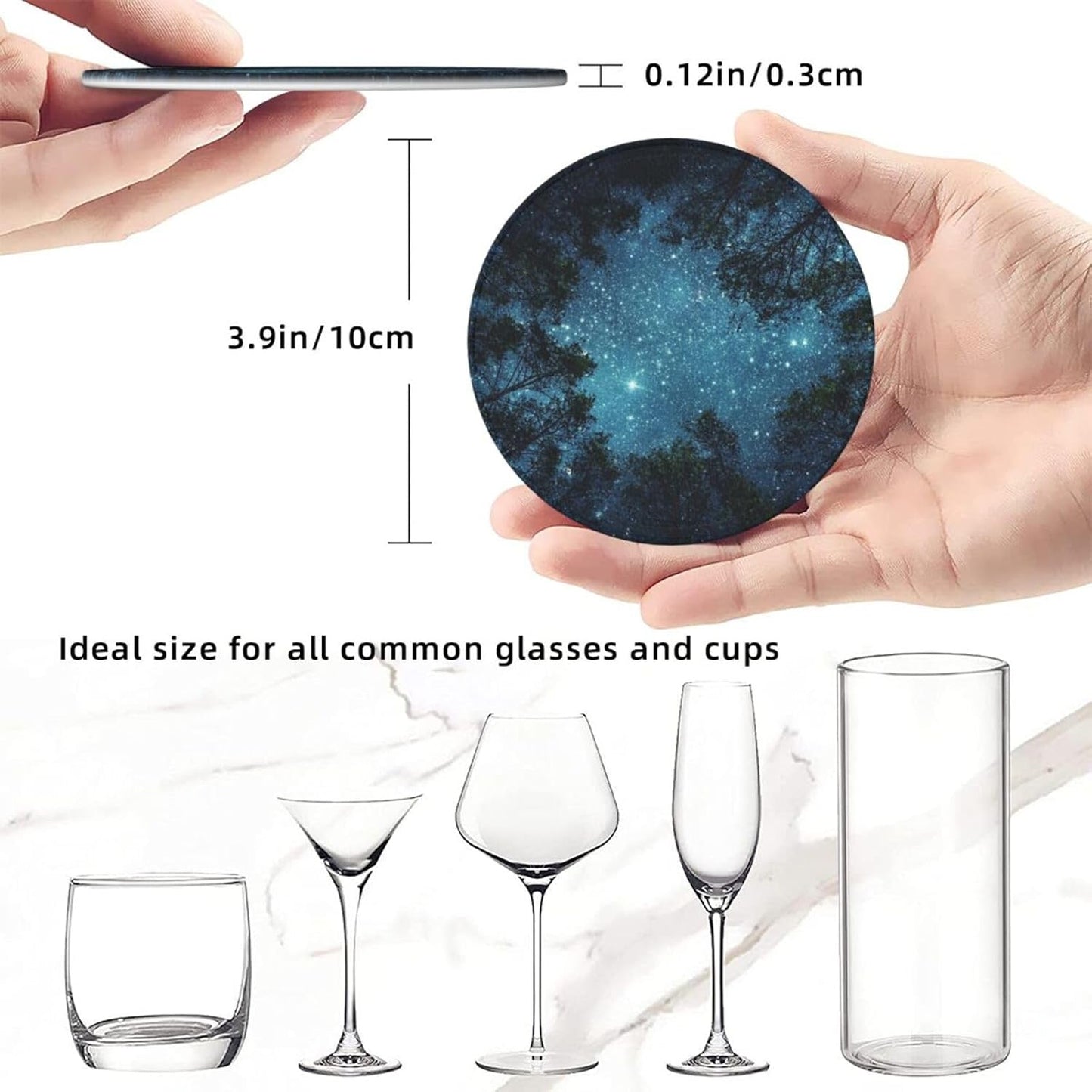 Night Sky Cool Tree Space Star Coasters for Drinks Round Leather Coaster with Holder Set of 6 for Tabletop Protection Desk Accessories Office Home Room Decor