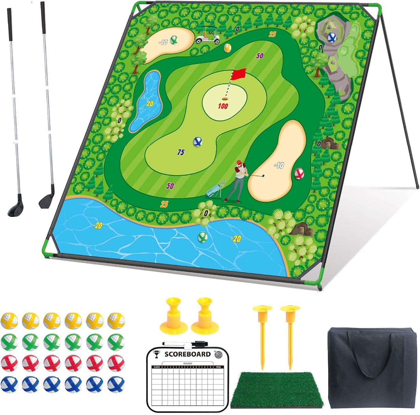 Large Golf Chipping Game, 5.9x5.9 FT Portable Sticky Golf Game for Adults, Outdoor Indoor Golf Chipping Practice with 2 Adjustable Club, 20 Sticky Balls, Carry Bags