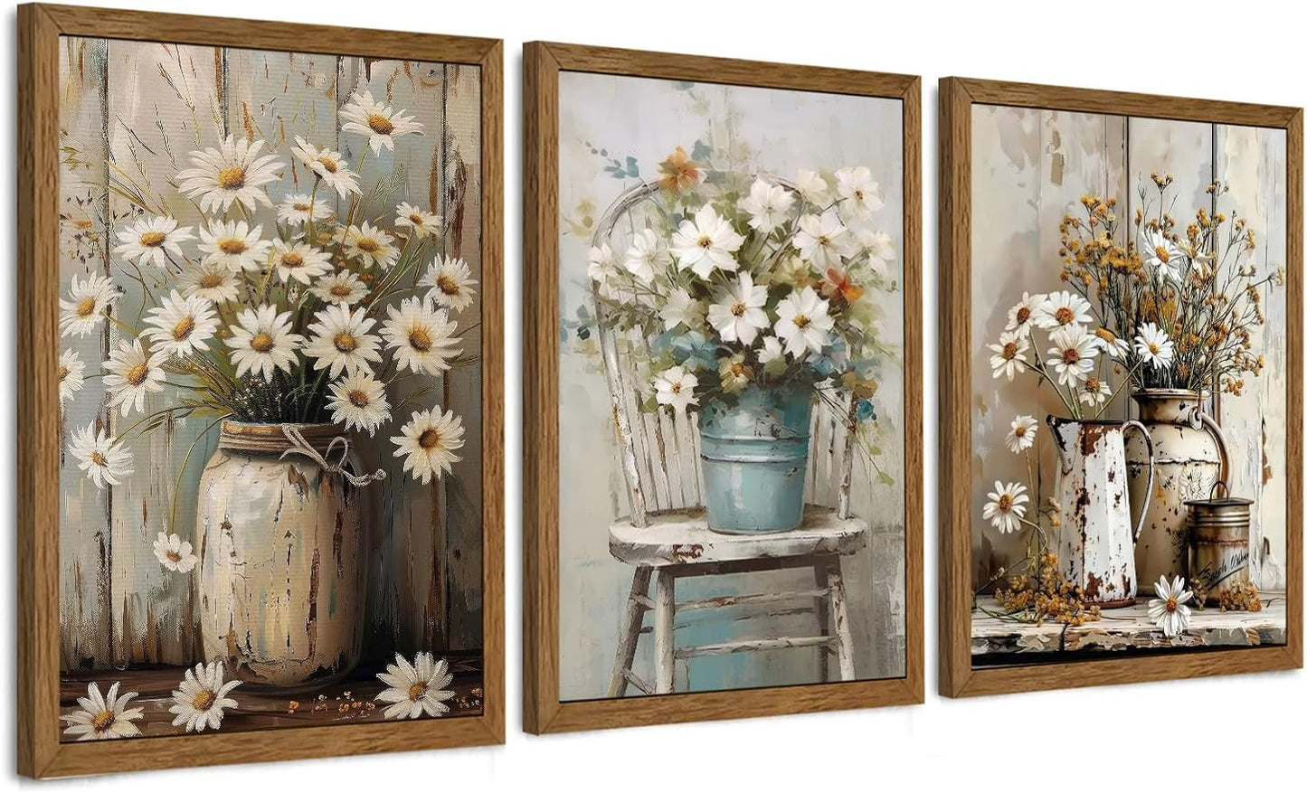 DUWQU 3 Piece Framed Elegant Farmhouse Canvas Wall Art, Vintage Floral Pictures Art Wall Decor, Nature Themed Daisy Art Prints for Living Room Bedroom Kitchen and Office Ready to Hang 12×16 Inches