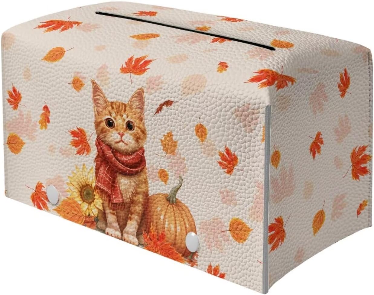 Fall Leather Tissue Box Cover Cute Cat Sunflower Pumpkin Tissue Box Covers Cube Tissue Box Holder Rectangular for Bathroom Home Decorations for Dining Room