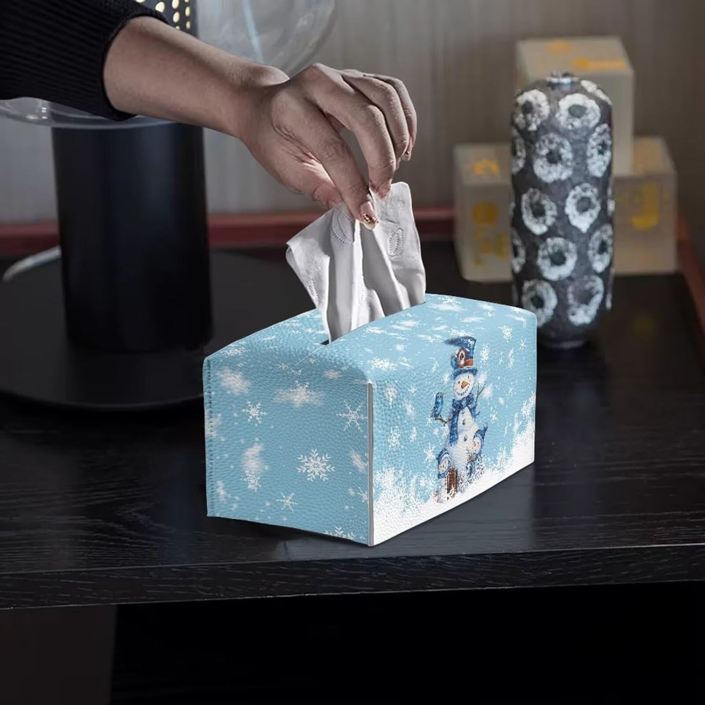 Cute Snowman Tissue Box Cover - PU Leather Rectangle 9x5x5 Decorative Box Holder for Home, Office, Car, Desk, Bathroom