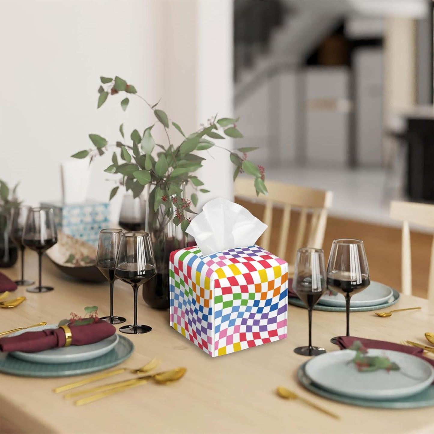 Tissue Box Cover Square,Colorful Wavy Checkerboard Tissue Box Holder Waterproof Leather Facial Paper Case Modern Home Decoration for Bedroom Dresser Night Stand Office Desk