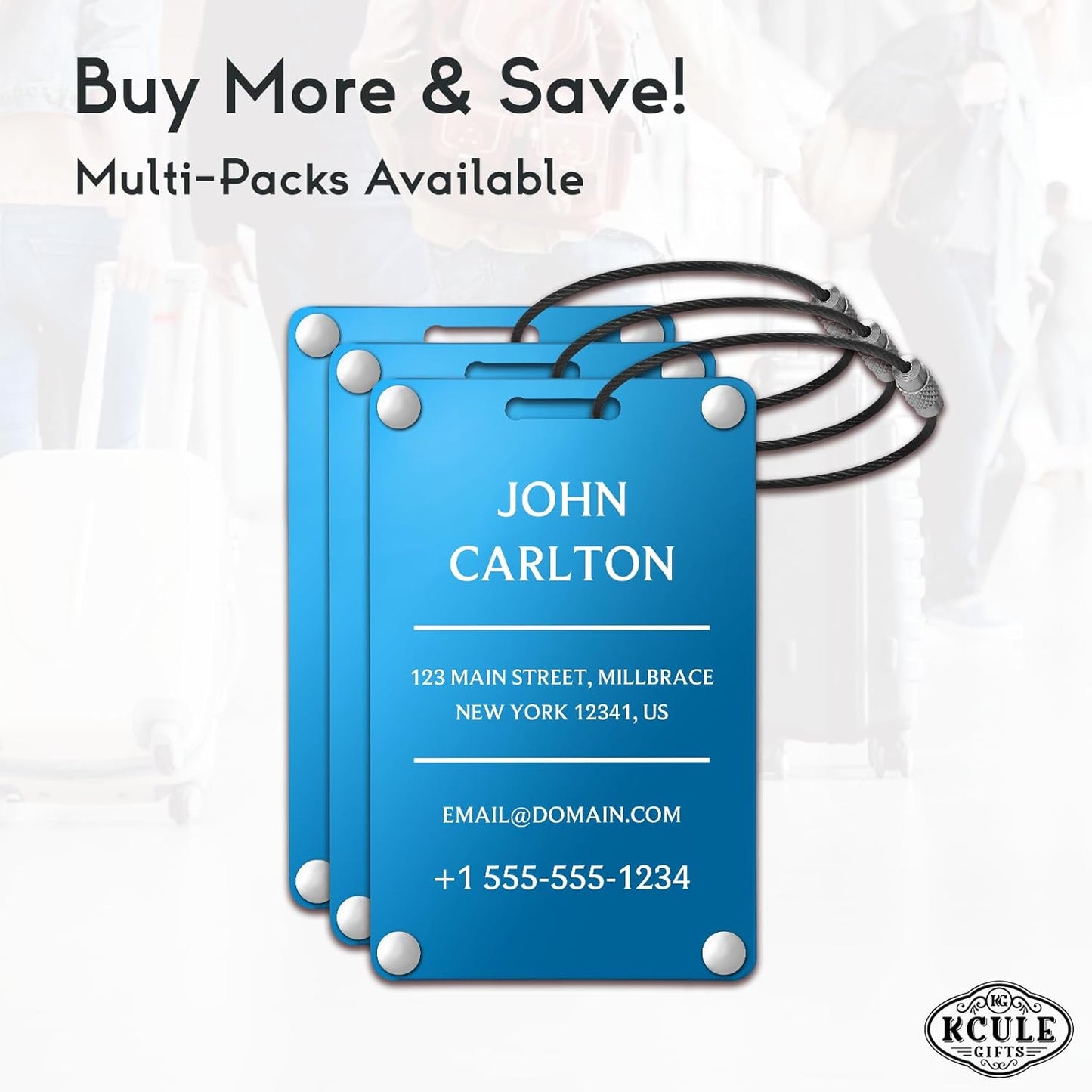 Personalized Luggage Tags for Suitcases - Aluminum Custom Luggage Tags for Backpacks & Bags, Sturdy, Waterproof & Heavy Duty (Blue/Card-Sized)