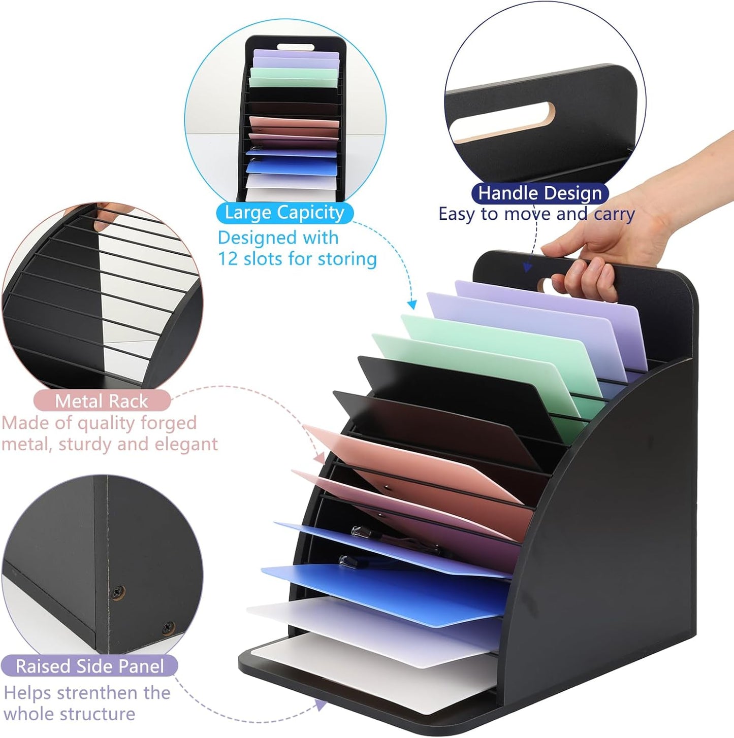 Clipboard Holder Wooden Storage Clipboard Holder Rack - with Raised Side Panel Black Clip board Organizer - for Classroom Office School Teacher Organizing (Clip Boards Not Included)