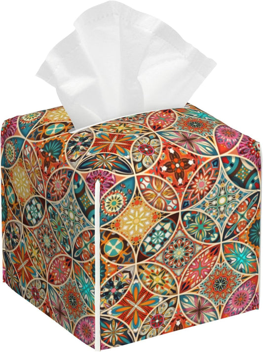 Tissue Box Cover Holder, Vintage Mandala Flowers PU Leather Square Tissue Box Cover Decorative Organizer for Bathroom Kitchen Bedroom Vanity Countertop Night Stands