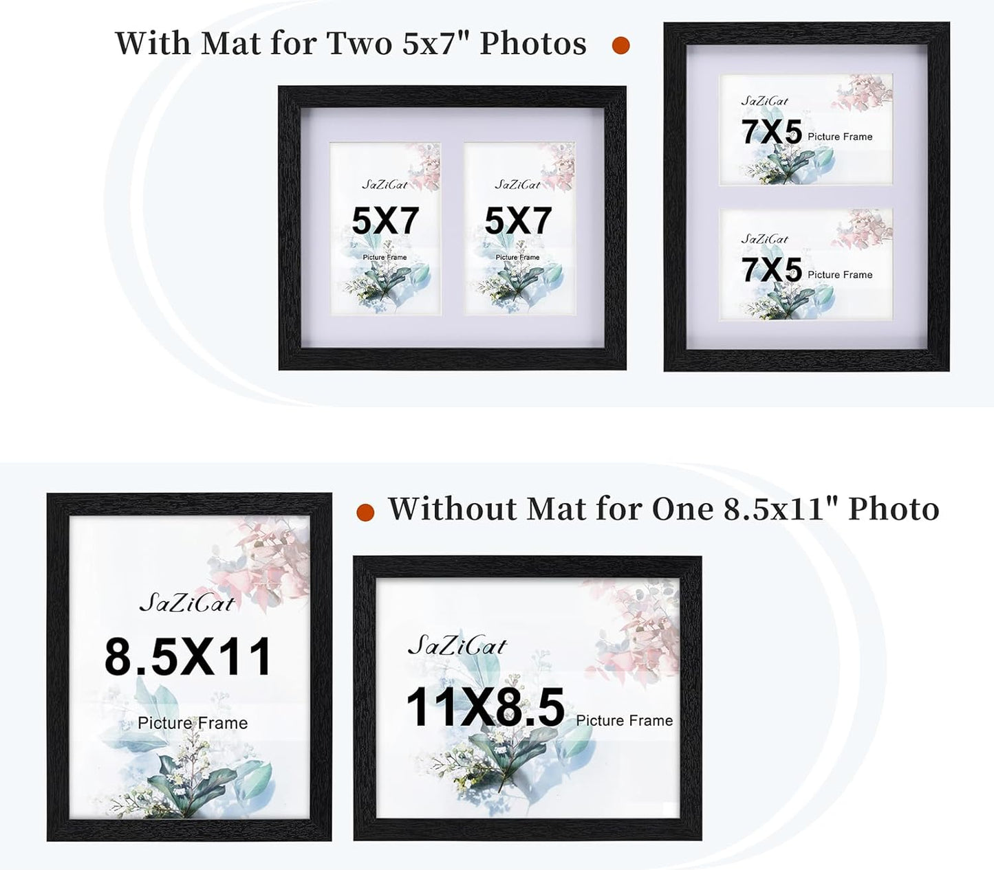 8.5x11 Pine Wood Collage Picture Frame Double 5x7 Picture Frame with Tempered Glass Fits 1Pc Certificate or 2Pcs 5x7 Photos With Mat For Tabletop or Gallery Wall Mounted-Rustic Black