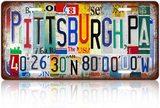 Vintage City License Plate Pittsburgh,Pa Wall Decor Metal Tin Sign for Bar Home Bedroom 12 x 6 Inches （Including latitude and longitude）