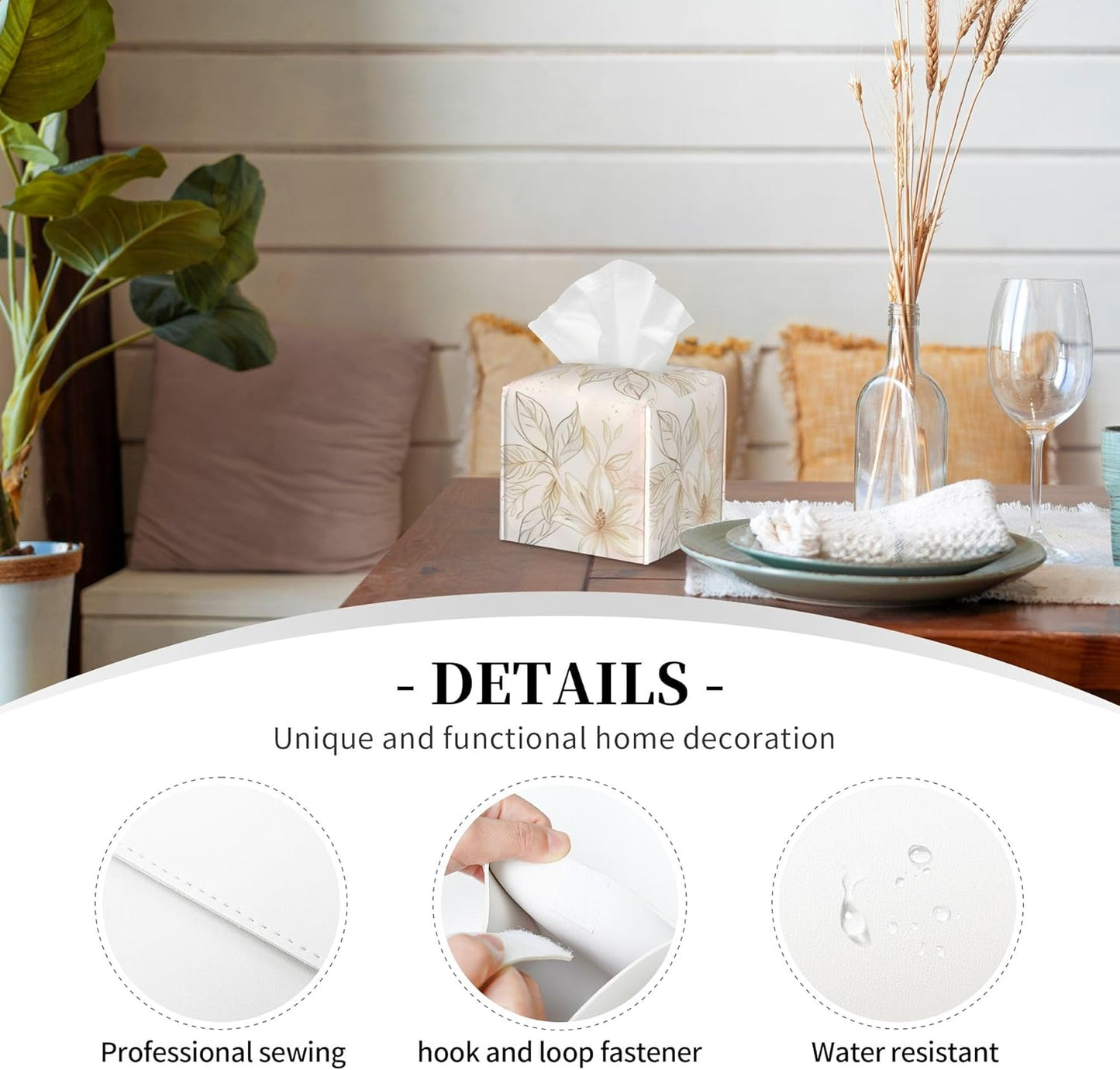 Tissue Box Cover,Pink Golden Boho Minimalist Flowers Pu Leather Square Tissue Box Cover Case Decorative Organizer for Bathroom Vanity Countertop Night Stands Office Desk & Car 5.2X5.2X5.2''