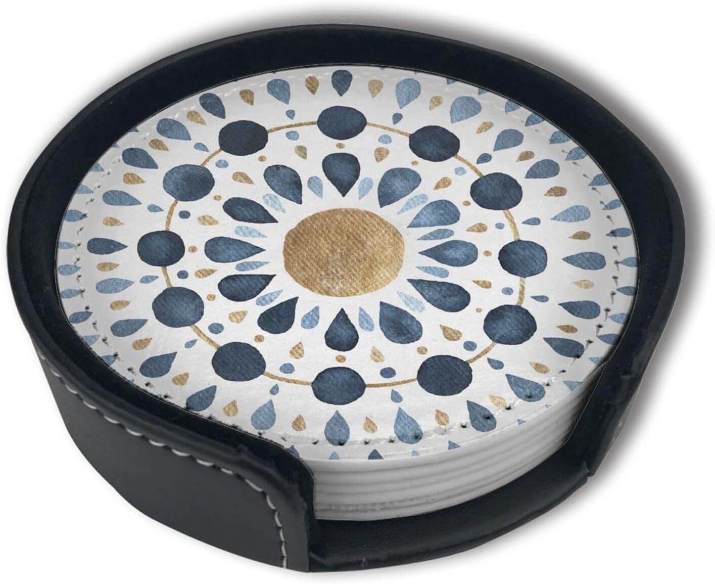 Moon Blue Gold Mandala Watercolor Leather Drinks Coasters with Holder Set of 6, Suitable for Kinds of Cups