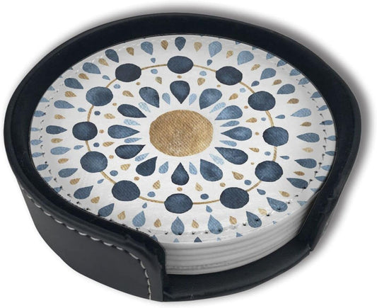 Moon Blue Gold Mandala Watercolor Leather Drinks Coasters with Holder Set of 6, Suitable for Kinds of Cups