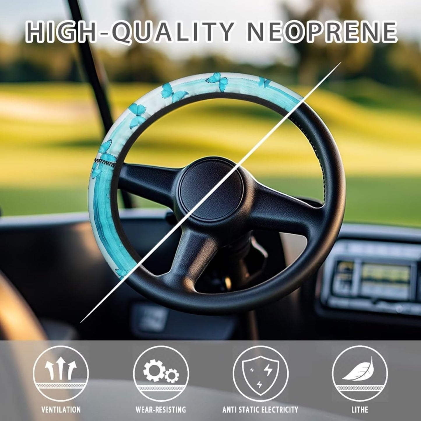 Blue Butterfly Golf Cart Steering Wheel Cover Tropical Beach Stretchable Anti-Slip 13-14 Inch Golf Cart Steering Wheel Covers, Breathable Club Car Accessories Universal Fit