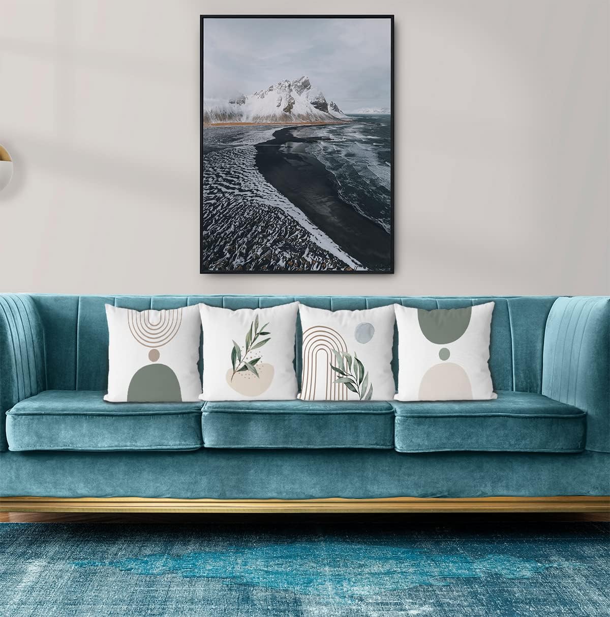 KEUSPI Bohemian Throw Pillow Covers 18×18 Set of 4,Bohemian Home Decor,Boho Green Geometric Plant Pillow Covers Abstract Boho Beige Rainbow Botanical Leaf Pillow Covers