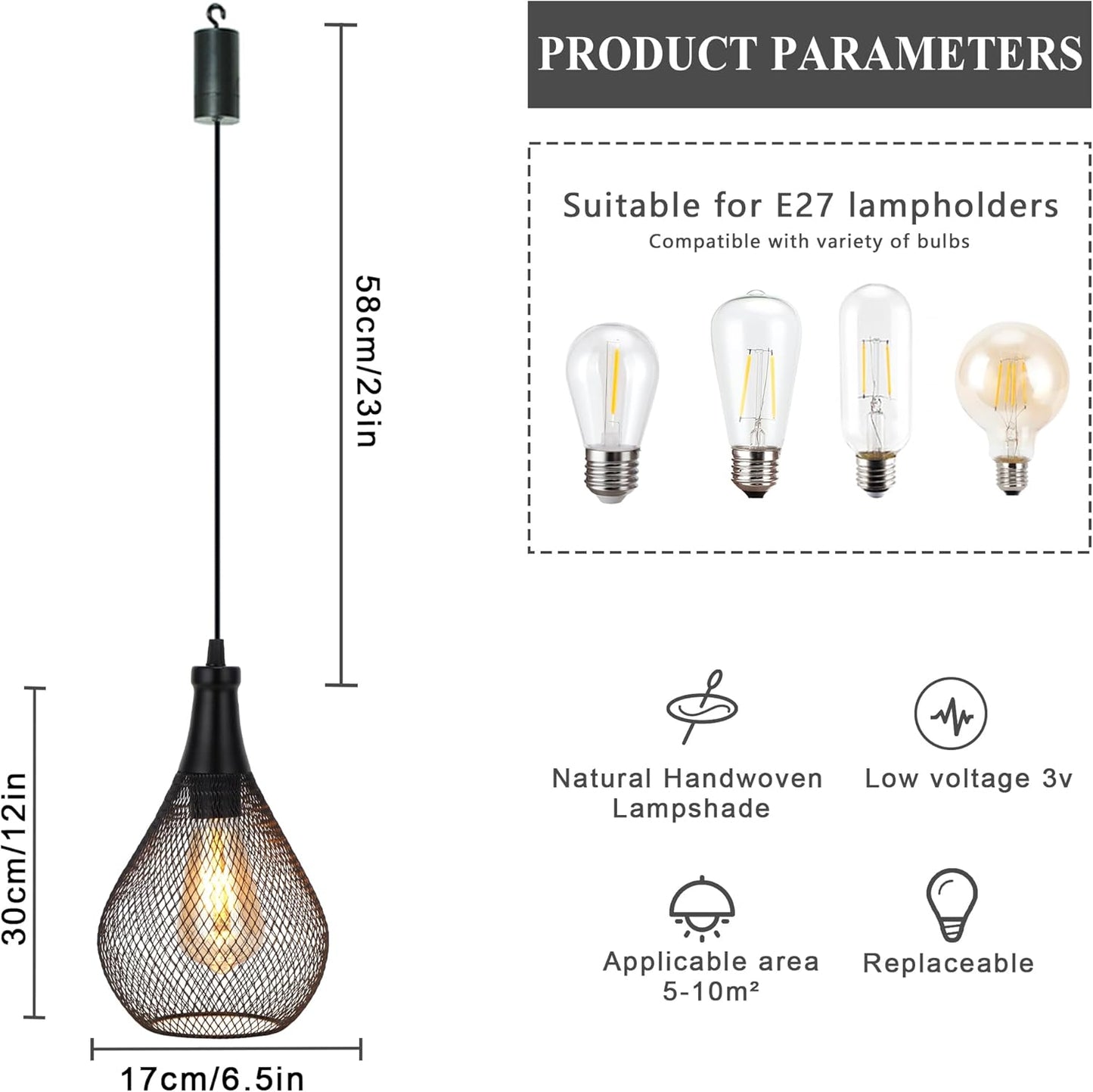 JHY DESIGN Hanging Lamp Set of 2 Battery Operated Cordless Lamps Metal Cage Pendant Light with 6 Hours Timer Great for Parties Patio Events for Indoors Outdoors(Teardrop Shape)
