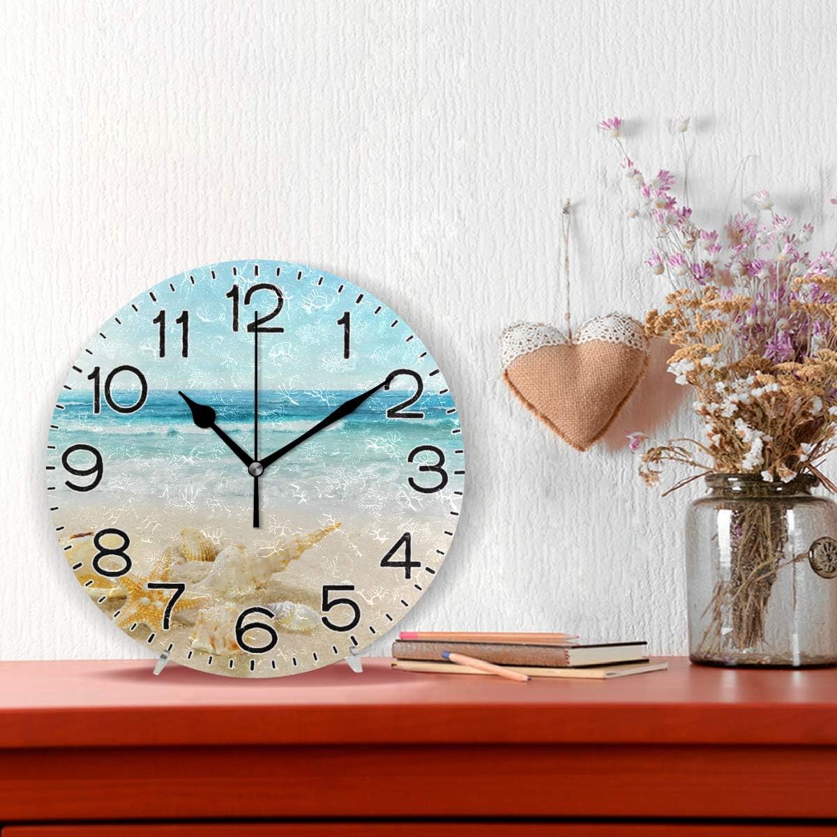 Shells On Beach Wall Clock Battery Operated Non Ticking Silent Quartz Analog Rustic Farmhouse Round Clock Retro Decor for Home Kitchen Living Room Bathroom