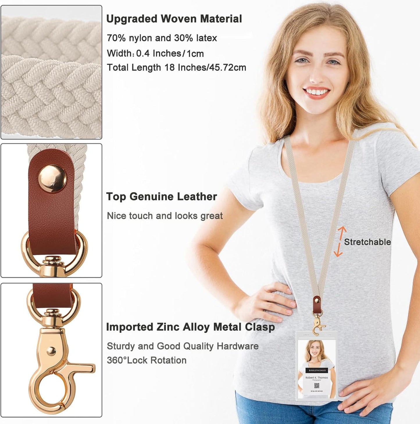 Fishent Stretchy Thin Lanyards for Keys ID Badges, Cute Long Teacher Neck Key Lanyard Keychains for Women Men Wallet Phone(Starlight)