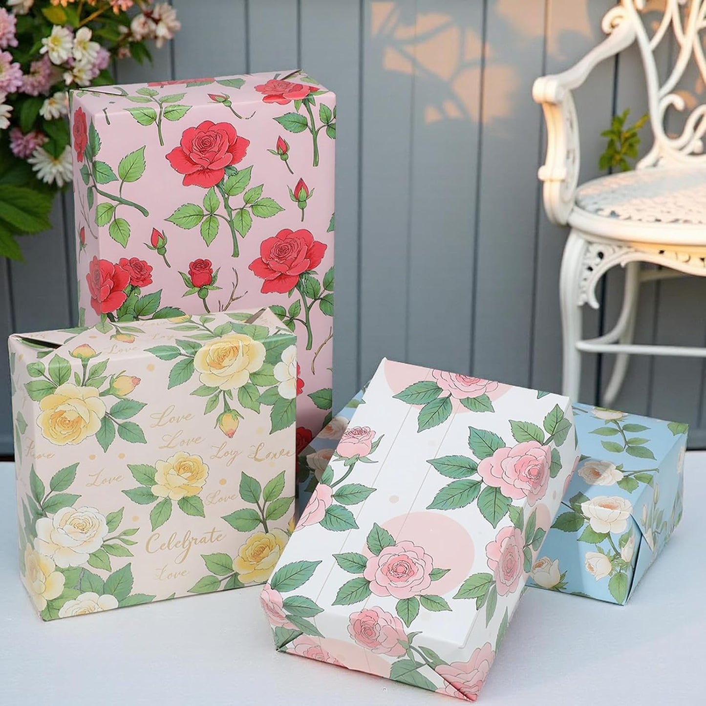 Pineraap Floral Rose Wrapping Paper 12 Sheets Red,White,Yellow,Pink Rose Themed Gift Wrap for Weddings,Birthdays,Bridal Showers,20"×28"