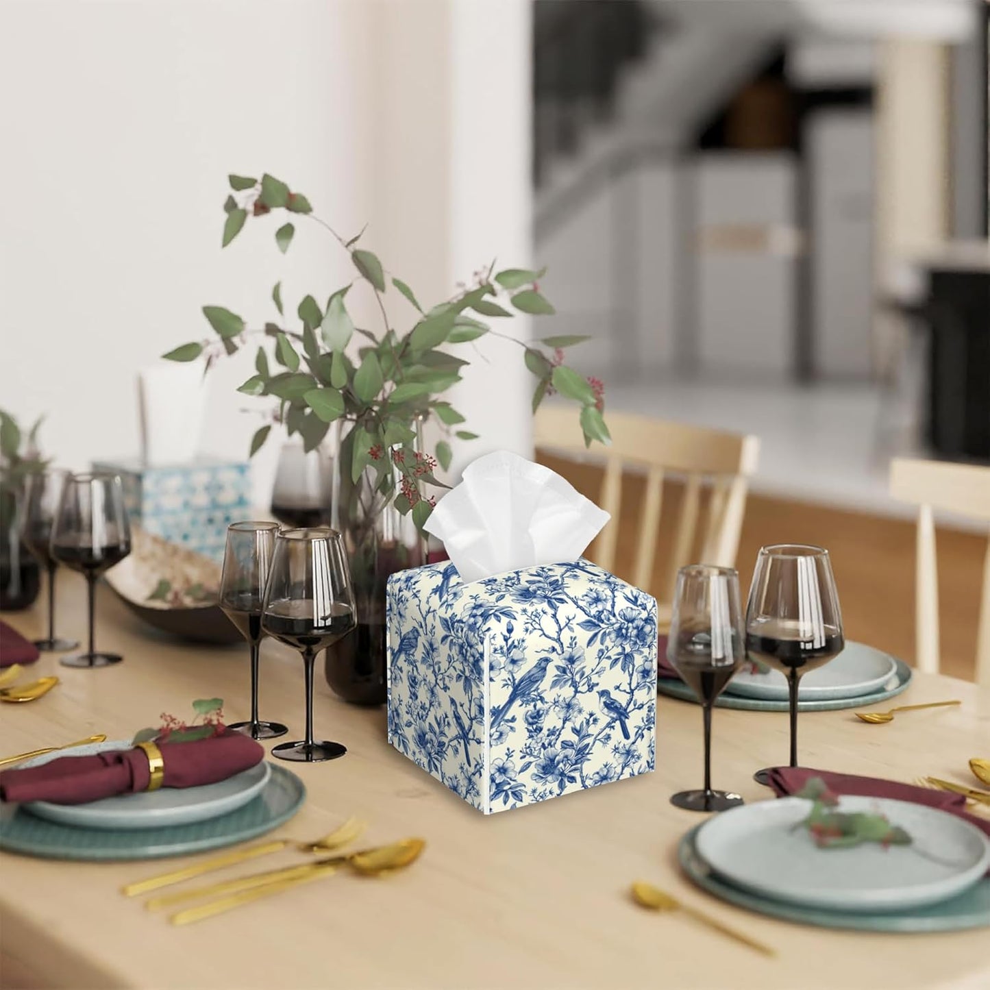 Tissue Box Cover Square,Vintage Floral and Blue Bird Tissue Box Holder Waterproof Leather Facial Paper Case Modern Home Decoration for Bedroom Dresser Night Stand Office Desk