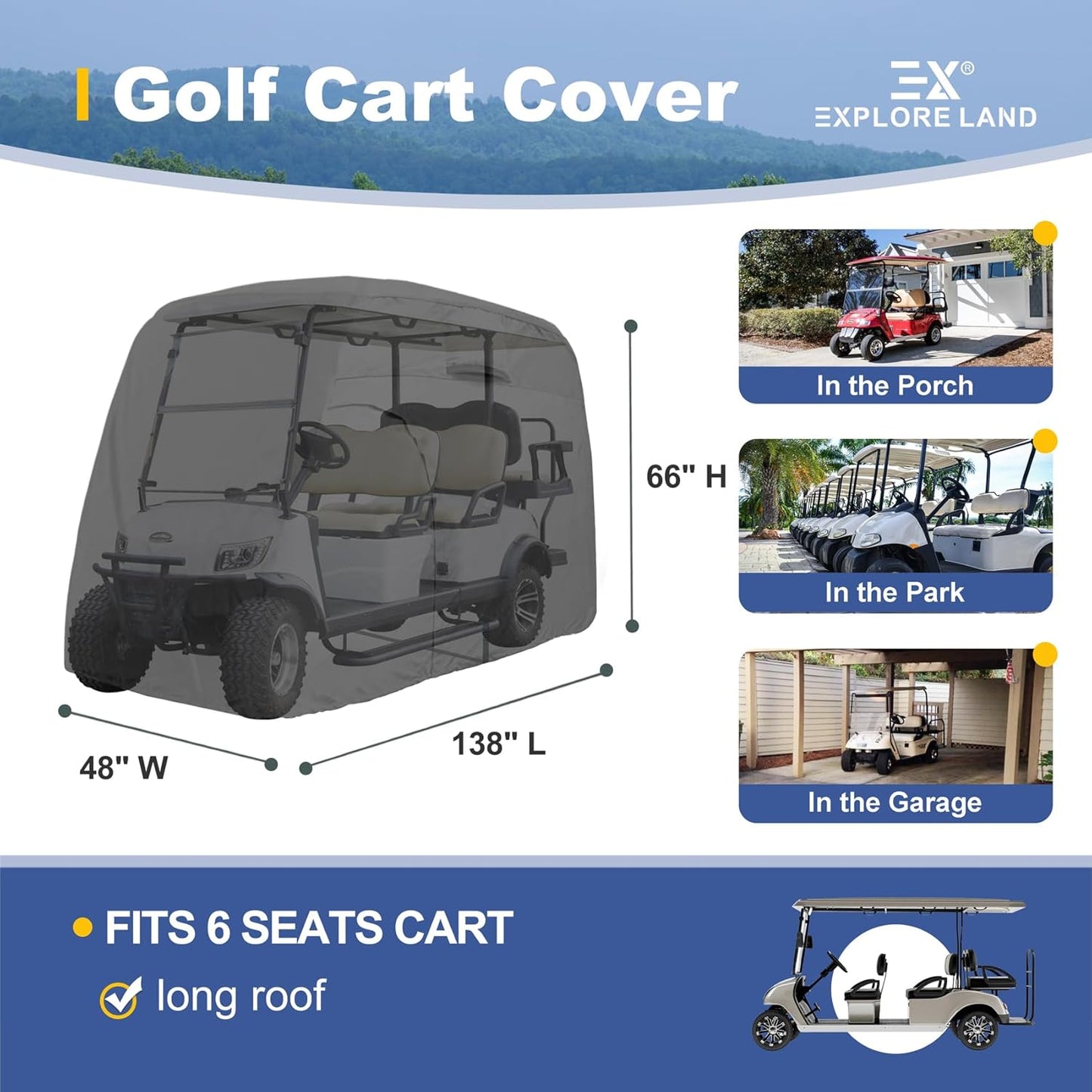 Explore Land Waterproof Golf Cart Cover Universal Fits for Most Brand 2/4/6 Passenger Car