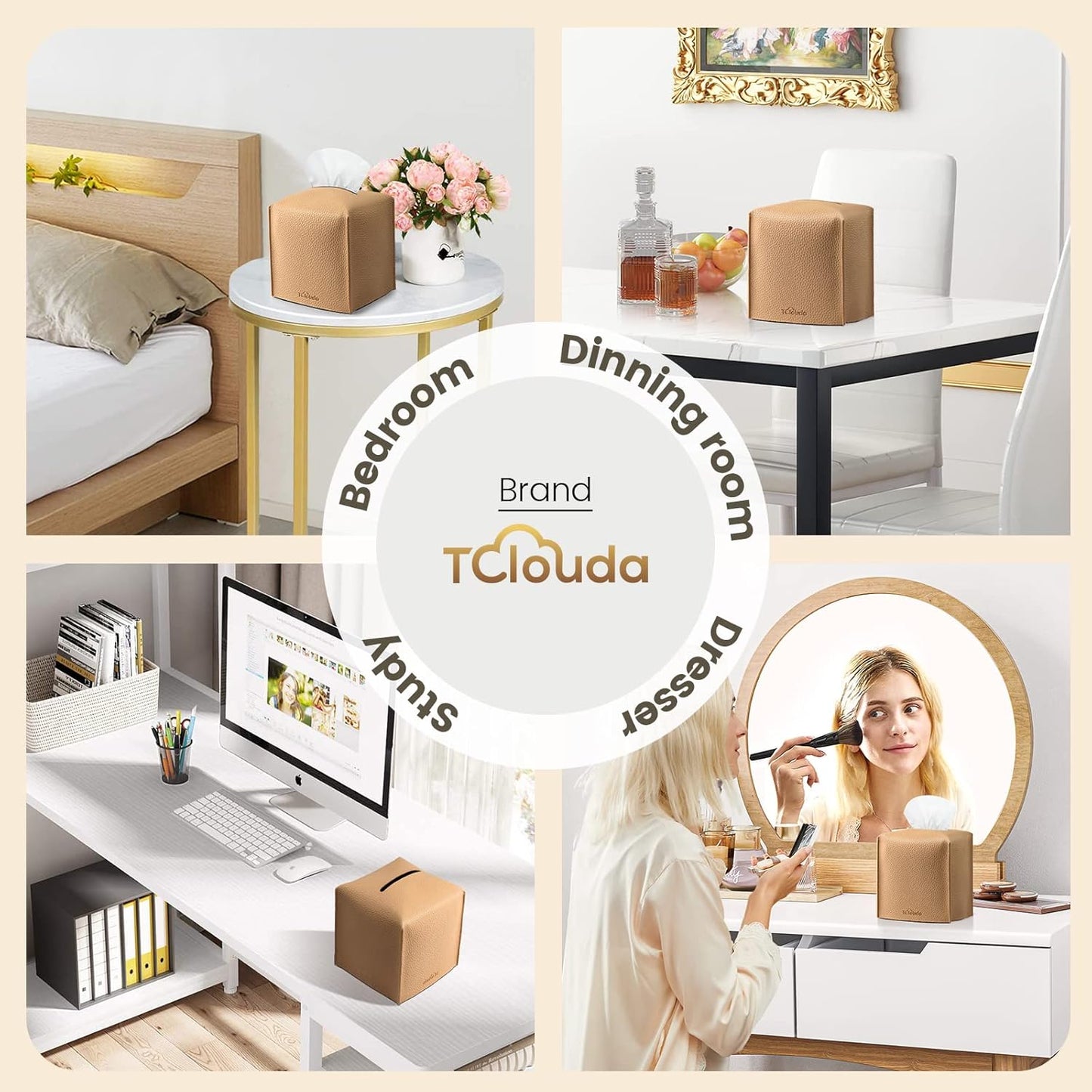 Tissue Box Cover, Tclouda, Modern PU Leather Square Tissue Box Holder for Creative Decorative, Ideal for Bathrooms/Office/Car/Nightstand/Outdoor Tent/Dining Table, 5"X5"X5", Single Claybank