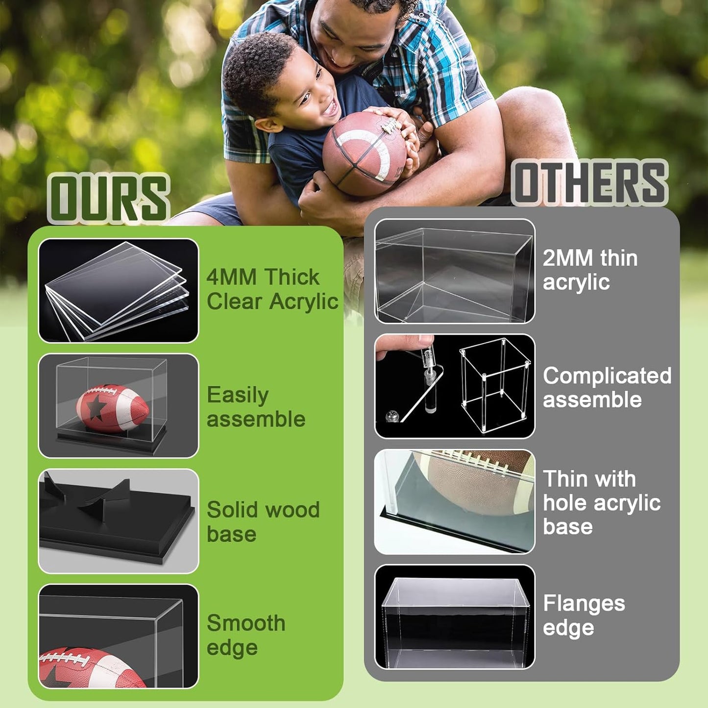 Full Size Football Display Box, Souvenir Display Box for Football or Commemorative Sports Gloves, Acrylic Transparent Box with Wooden Support and Solid Wood Base