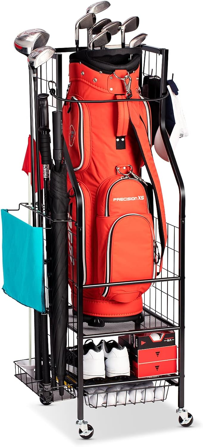 Golf Bags Storage Garage Organizer - Golf Bag Stand Fit Single Golf Bags, Golf Clubs, and Golf Equipment Accessories, Golf Bag Storage Rack with Wheels for Garage, Club, Shed, Basement
