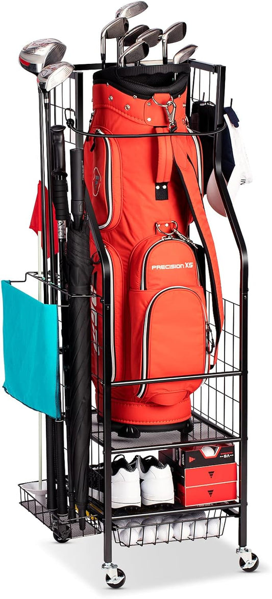 Golf Bags Storage Garage Organizer - Golf Bag Stand Fit Single Golf Bags, Golf Clubs, and Golf Equipment Accessories, Golf Bag Storage Rack with Wheels for Garage, Club, Shed, Basement