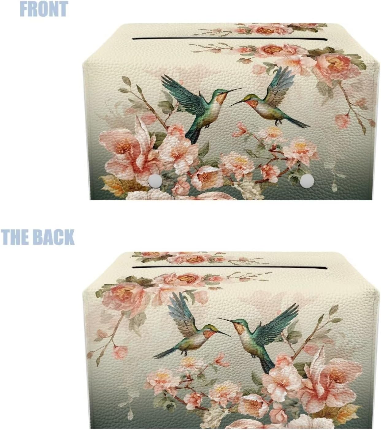 Rectangular Tissue Box Cover Floral Hummingbird PU Leather Tissue Cover Decorative Organizer with Bottom Belt Vintage Tissue Box Organizer for Home, Tabletop, Night Stands
