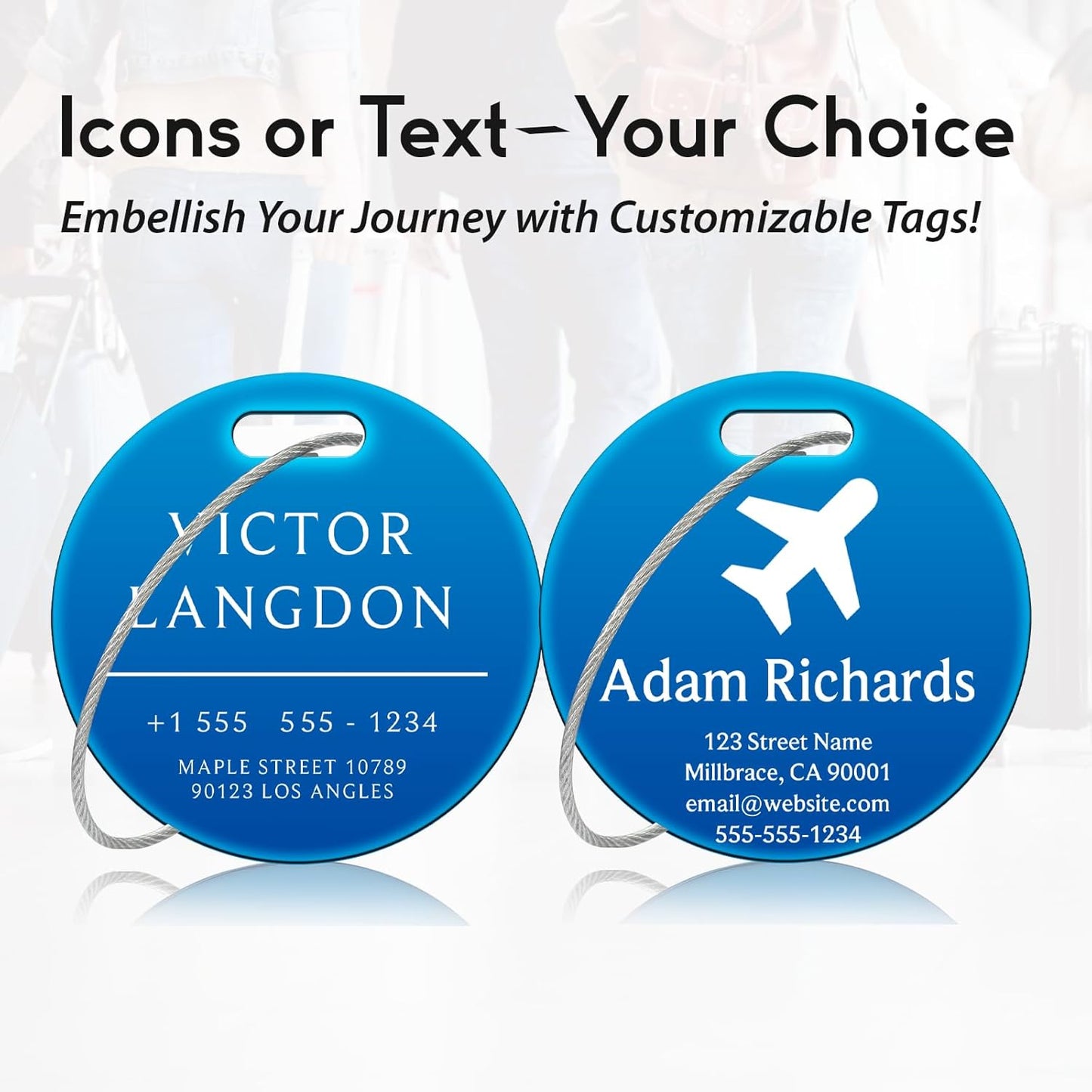 Customized Stainless Steel Luggage Tags: Personalize Your Suitcases, Backpacks, and Bags with Your Text (Blue)
