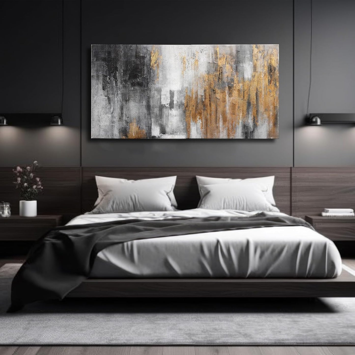 YJYart Black and Gold Wall Art - Hand Painted Painting - Vintage Decor for Living Room -Abstract Picture for Bedroom Office Hotel 24x48 Inch