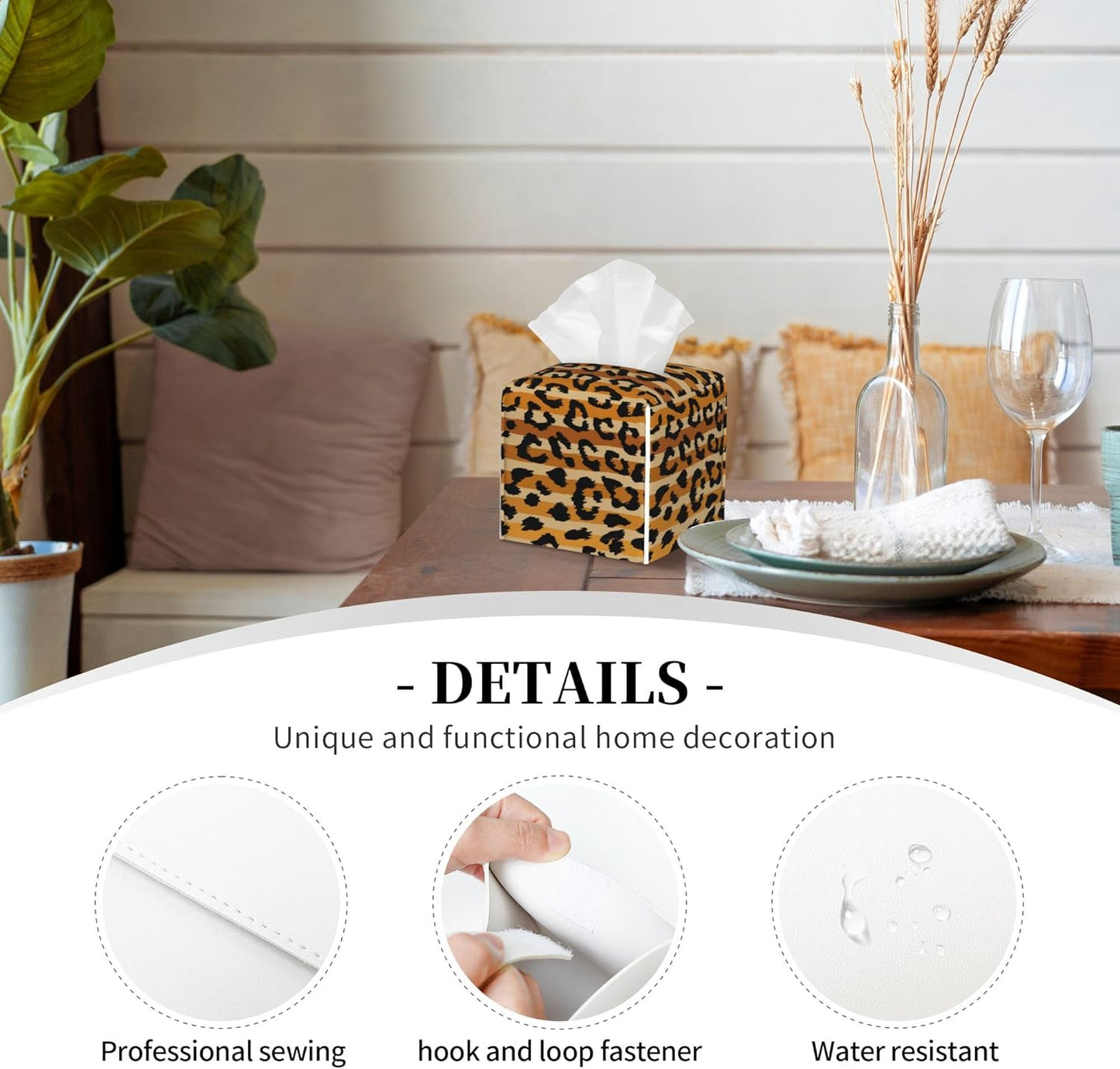 Leopard Prints Tissue Box Cover Square,Sand Leopard Stripes Tissue Box Holder Waterproof Leather Facial Paper Organizer Dispenser for Bathroom Home Car Nightstand Vanity Desk