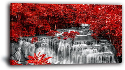 Yxbhhym Large Black and White Decor Waterfall Canvas Wall Art Red Tree Wall Decor Landscape Prints Posters Forest Scenery Paintings for Wall Decoration Bedroom Living Room Décor- Framed Wall Art