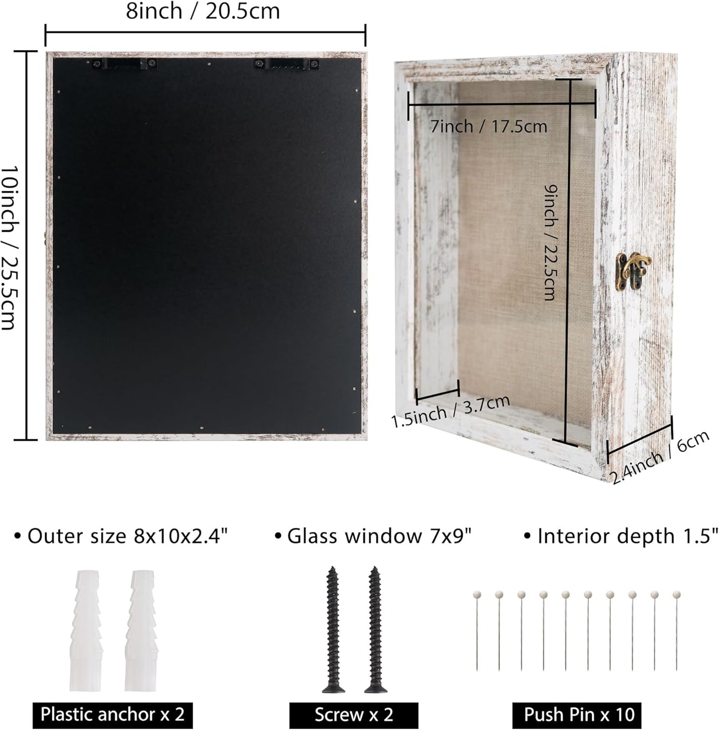 GraduatePro Shadow Box Frame 8x10 Display Case with Linen Back, Real Glass Window Door with Hinge, Picture Frame Wedding Bouquet Memorabilia Medals Photos Memory Box for Keepsakes, Rustic White