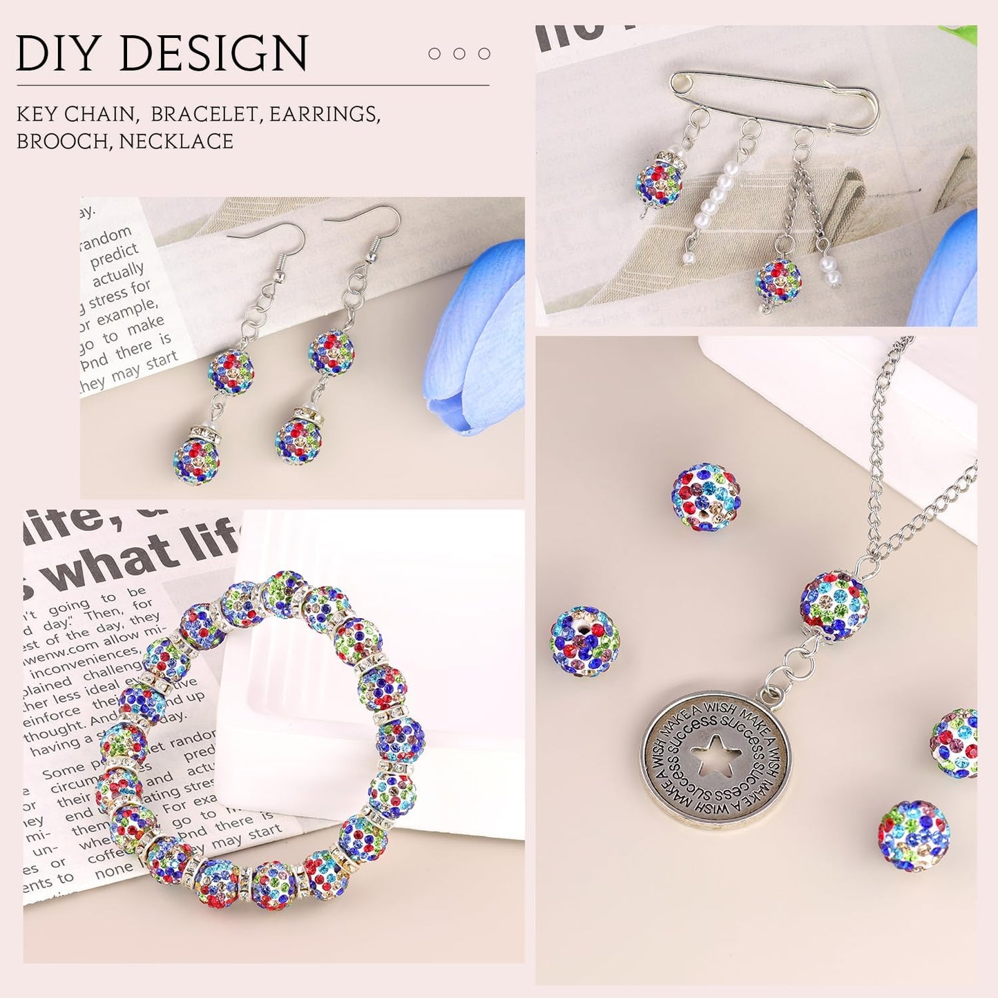 100pcs 10mm Rhinestone Beads for Jewelry Making, White Mixed Shiny Round Shamballa Disco Beads Bulk, Sparkle Crystal Clay Christmas for Bracelet Baseball Necklace Earring Crafting and DIY