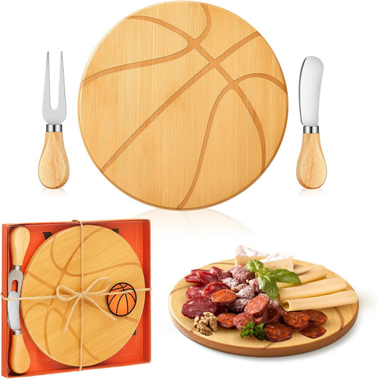Basketball Cheese Board Gift Set Party Favor Prizes Charcuterie Wood Board with Knives and Box Father Day Gift for Dad Grandpa Party Tournament Game(7.9"x 7.9", Bamboo Color)