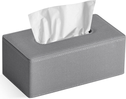 Tissue Box Cover Rectangular 9.8"(L) x 5.3"(W) x 4.3"(H) Refined Modern PU Leather Facial Tissue Dispenser Box Holder for Dresser Bathroom Decorative (Linen Grey)